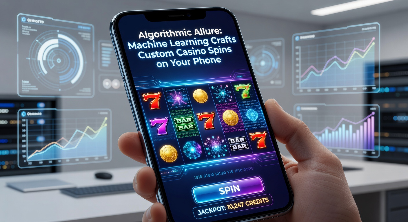 Close-up of smartphone interface showing AI-generated custom casino slot reels, with graphs illustrating machine learning personalization metrics and user engagement spikes