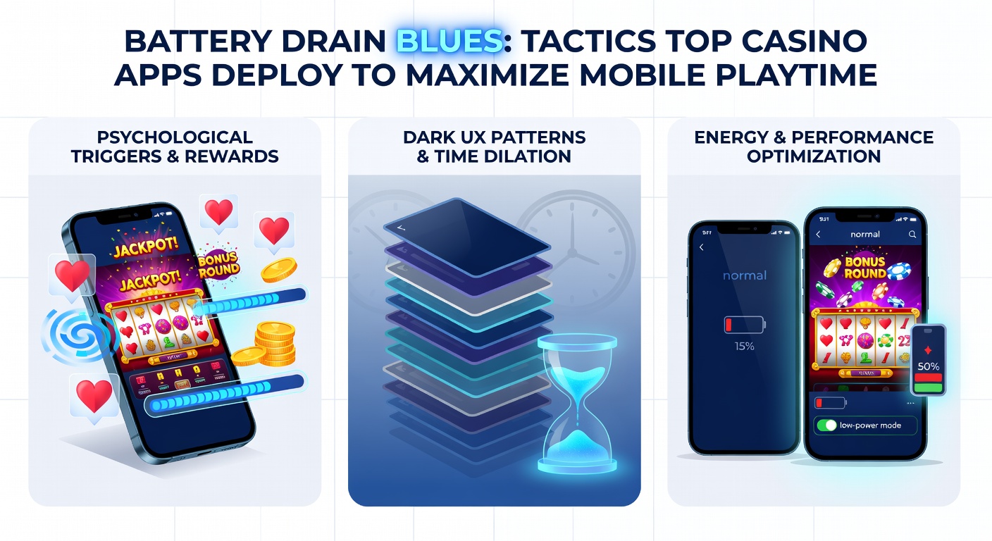 Close-up of a mobile device overheating during casino gameplay, with graphs overlaying battery usage stats and optimization tactics in action