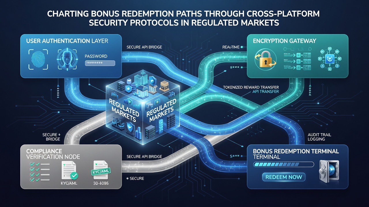 Diagram showing encrypted data flows between mobile devices and central compliance servers during bonus redemptions