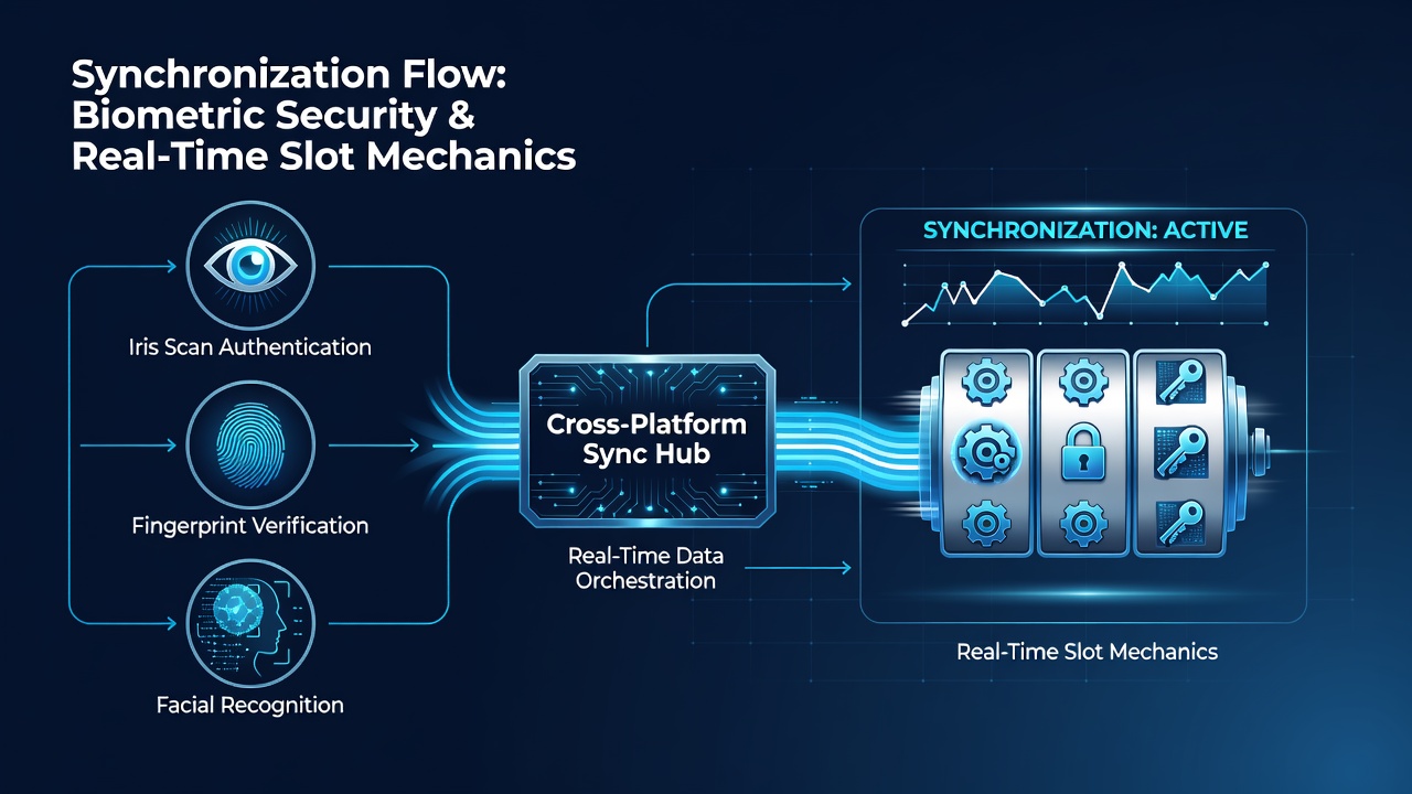 Real-time data flow diagram showing biometric verification synced with slot reel animations across Android and iOS devices