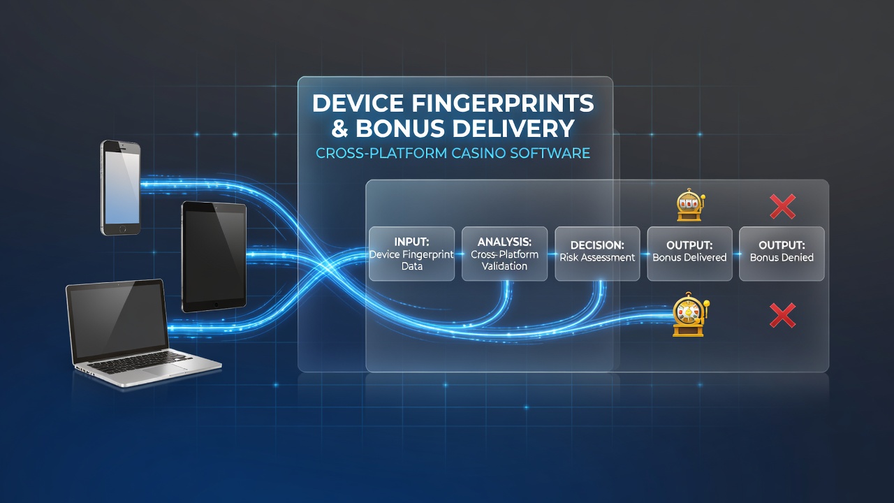 Diagram showing cross-platform casino software using device data to verify bonus eligibility
