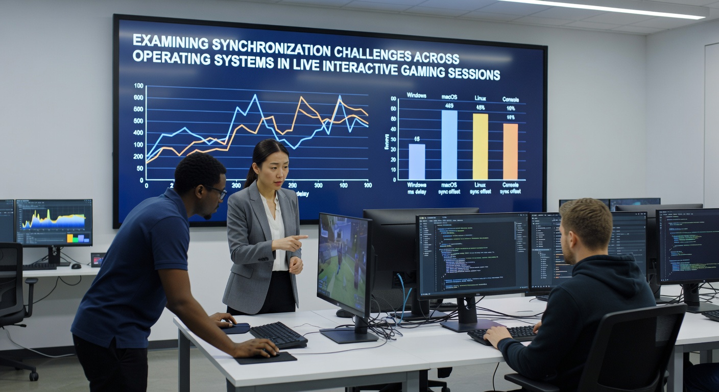 Developers reviewing synchronization logs from mixed iOS and Android gaming sessions on multiple monitors