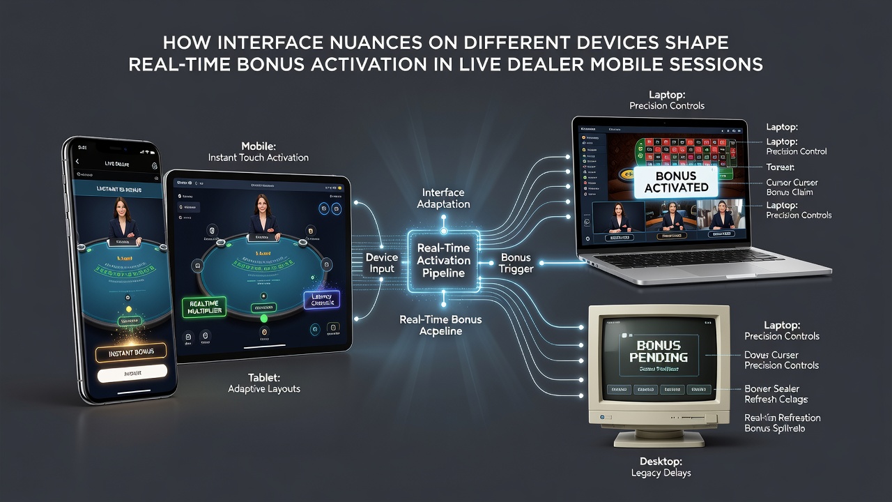 Split screen comparison of Android and iOS live dealer interfaces highlighting bonus activation buttons and latency indicators