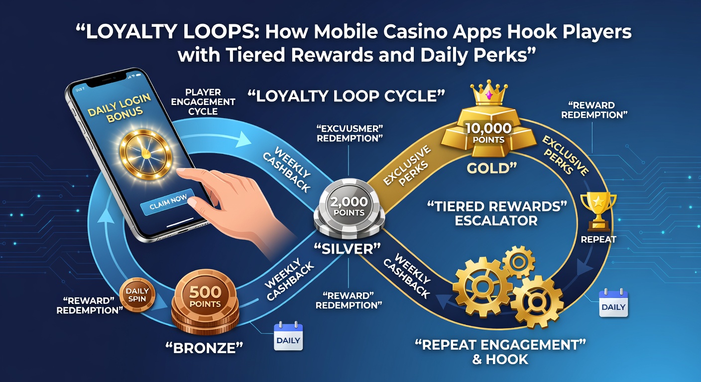 Close-up of a loyalty rewards dashboard on a smartphone, showing daily login streak, tier progress, and perk icons like bonus credits and multipliers